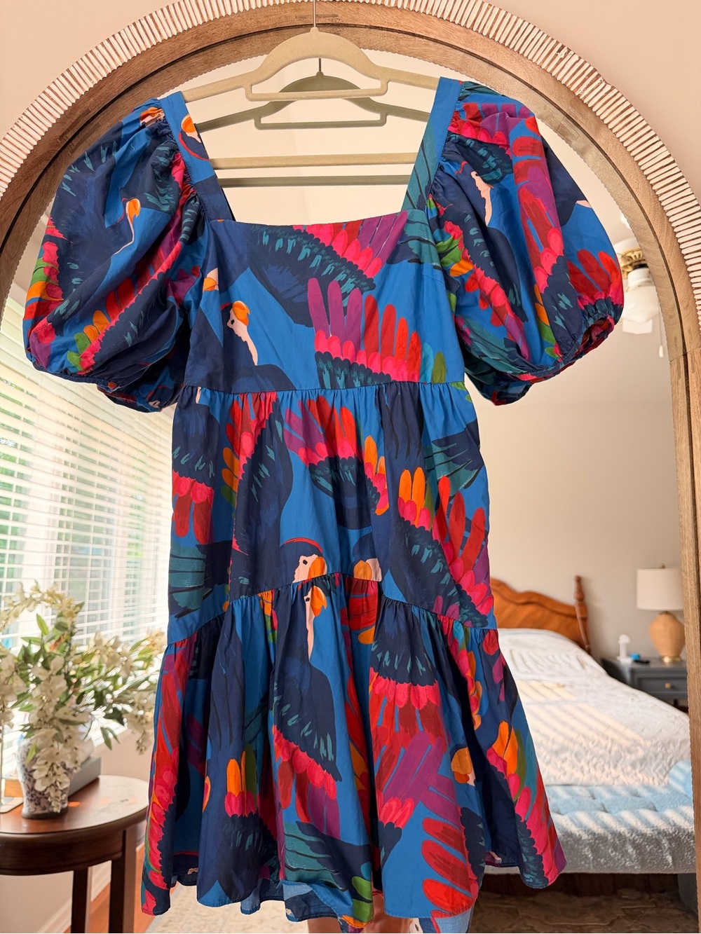 Farm Rio XS Rainbow Macaw Mini Dress Babydoll Smocked Back Puff Sleeve Cotton - Picture 9 of 12